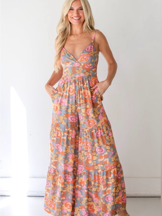 Pants - Floral boho wide leg jumpsuit - Pink & Orange